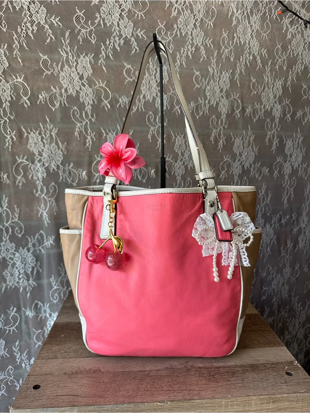 Coach Pink and Tan Leather Tote with White Trim